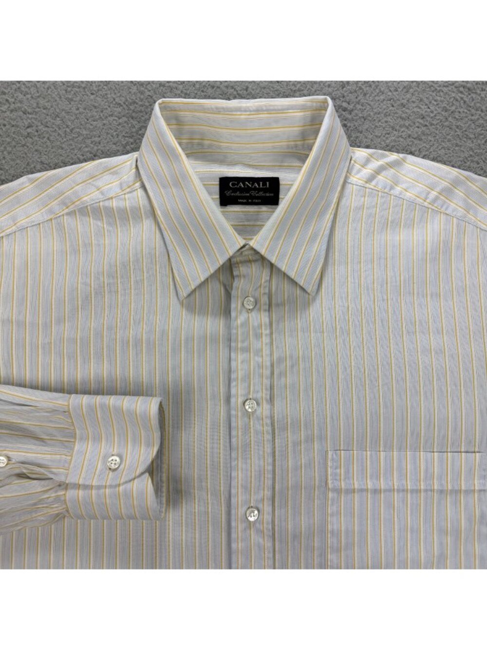 Canali Shirt Mens US 17 1/2 - EU 44 White Blue Yellow Stripe Dress Button Up